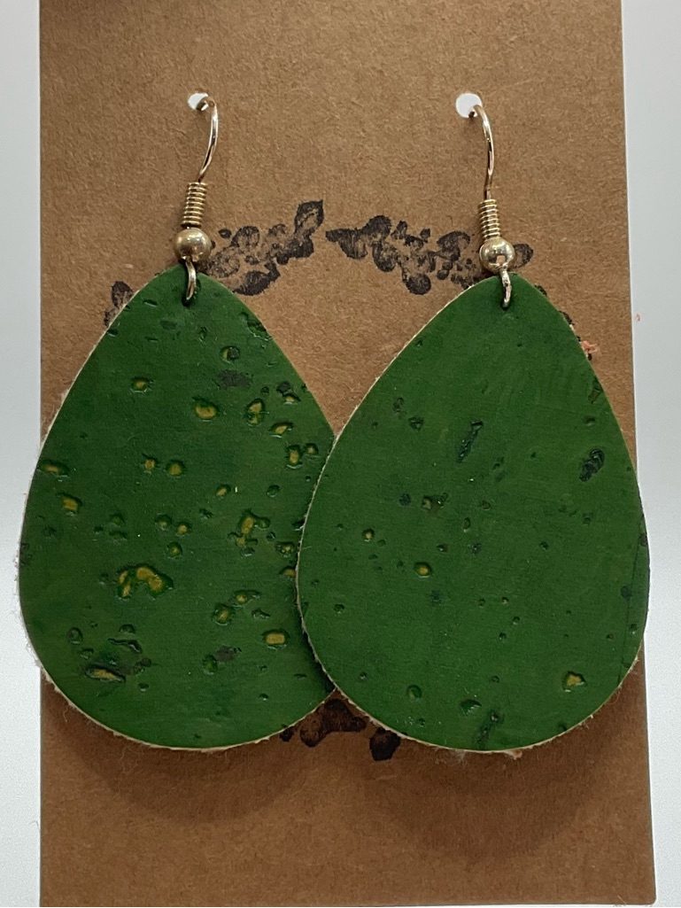 Green Teardrop Cork Earrings With Gold Hooks - Women Jewelry